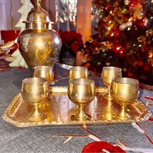 Vintage Solid Brass Barware Set 6 Cordial Shot Glass with tray